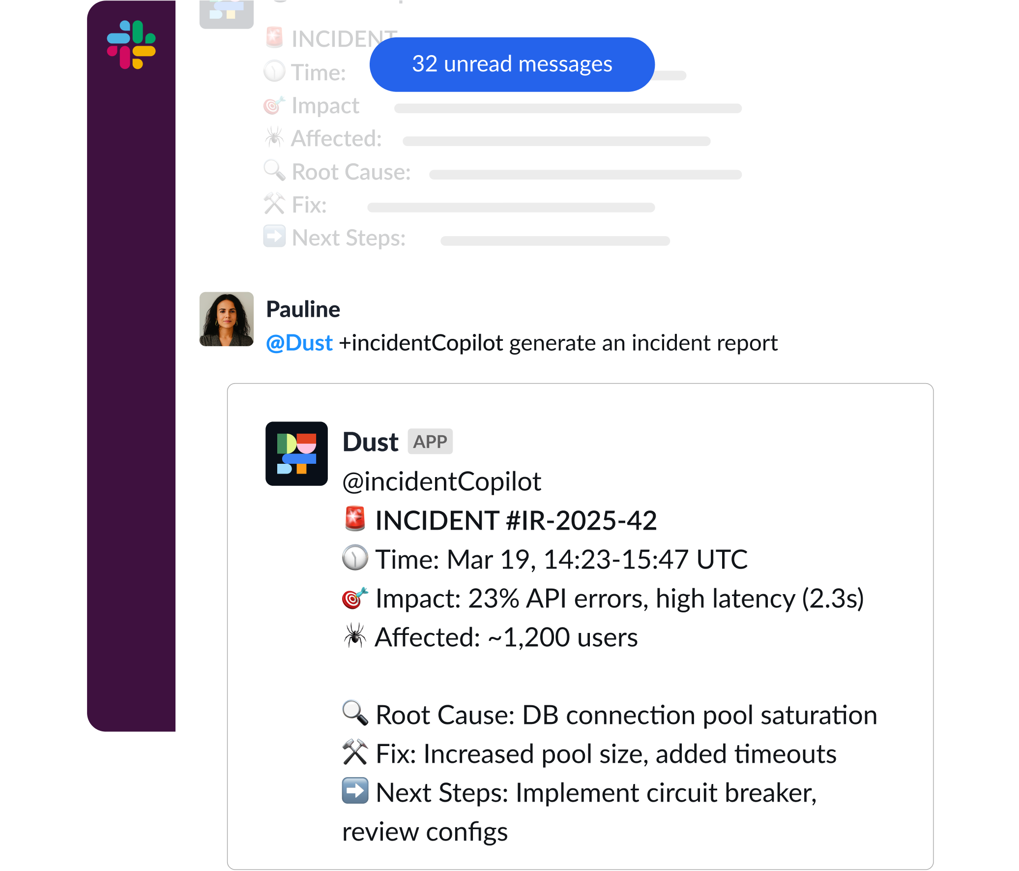 Slack integration preview showing Dust AI assistant in action