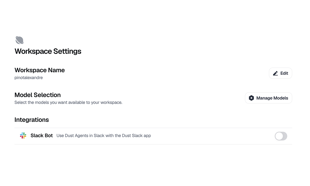 Workspace settings interface